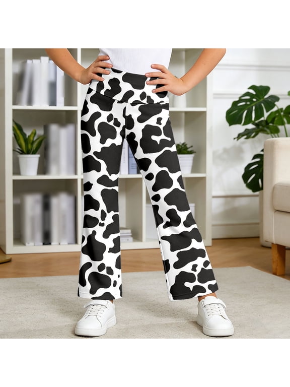 Girls Wide Leg Pants Cute Cow Print Patterned Athletic Long Sport Slacks Fashion Bell Bottom Flare Kids Casual Trousers 1-14Y