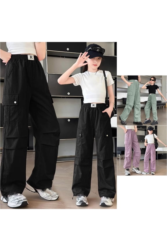 Girls Wide Leg Pants Solid Color Fashion Casual Slacks Oversized Utility Cargo Pants Loose Fit Comfortable Kids Active Long Trousers