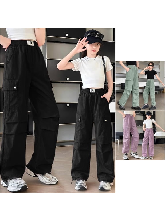 Girls Wide Leg Pants Solid Color Fashion Casual Slacks Oversized Utility Cargo Pants Loose Fit Comfortable Kids Active Long Trousers