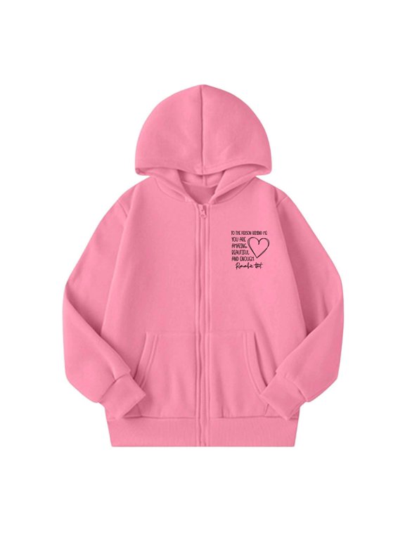 Girls Zip Up Hoodies Heart Letter Graphic Long Sleeve Sweatshirt Drop Shoulder Front Pockets Ribbed Cuffs Casual Jacket