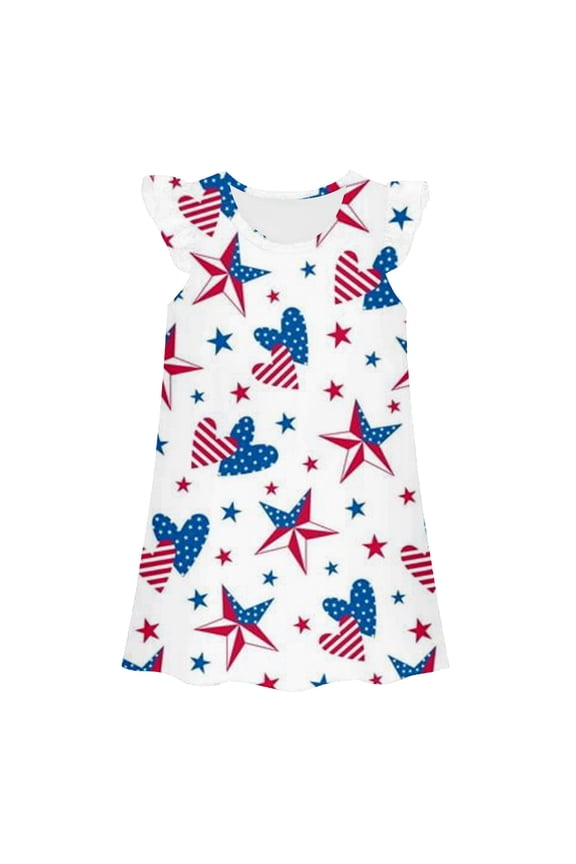 GirlsDress Crew Neck Sleeveless Red White Blue Stripe Pattern Flutter Sleeve Soft Cotton Nightgown