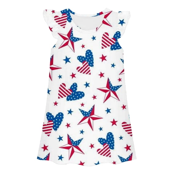 Trendfront GirlsDress Crew Neck Sleeveless Red White Blue Stripe Pattern Flutter Sleeve Soft Cotton Nightgown