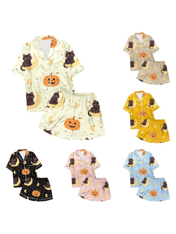Halloween Girls 2-Piece Pajama Set Cat Jack O Lantern Print Short Sleeve Button Down Top Shorts Sleepwear Loungewear Bedtime Outfit
