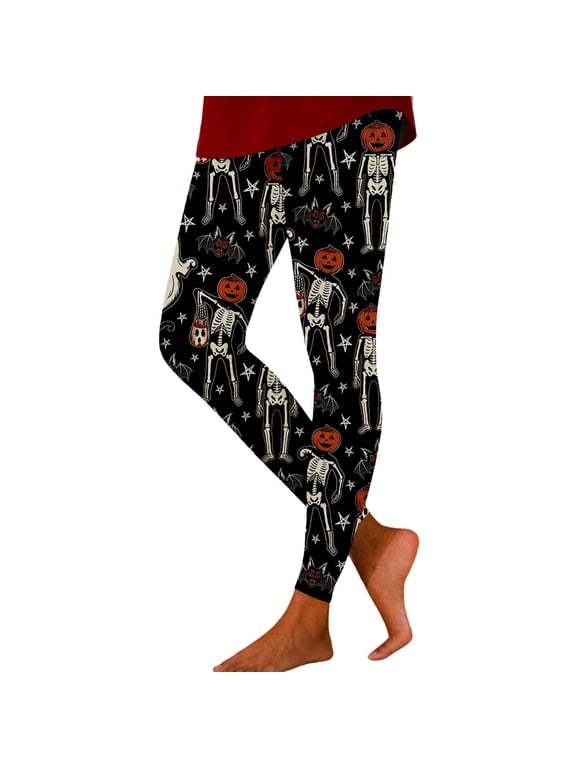 Halloween Leggings for Women Skeleton Pumpkin Head Graphic Full Length Fitted Pants for Parties