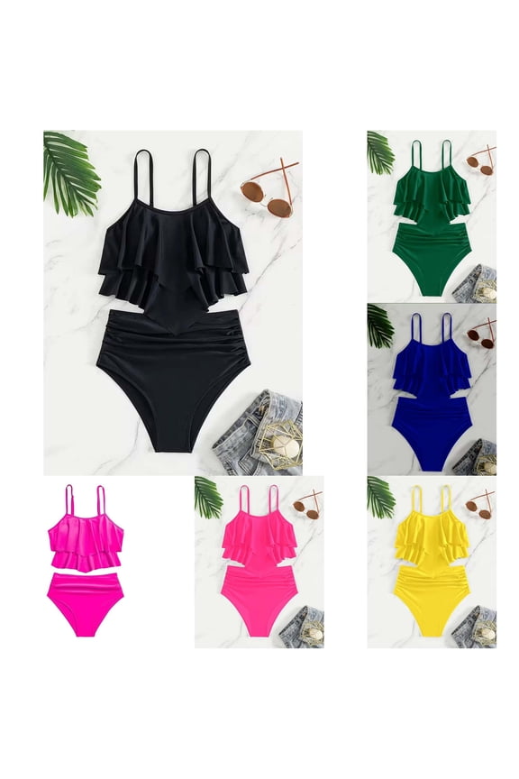 Kids 2-Piece Bikini Set Solid Color Ruched Split Swimsuit Hot Spring Swimwear Bathing Suit Beachwear Pool Outfit