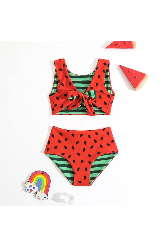 Kids 2-Piece Bikini Set Watermelon Printed Bow Reversible Split Swimsuit Hot Spring Bathing Suit Swimwear Beachwear Outfit