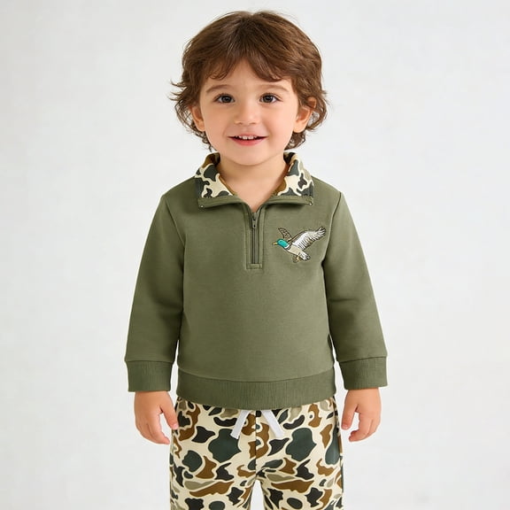 Trendfront Kids Camouflage Collared Long-Sleeve Embroidery Top and Camo Print Pants Casual Outings Hunting Clothing Suit