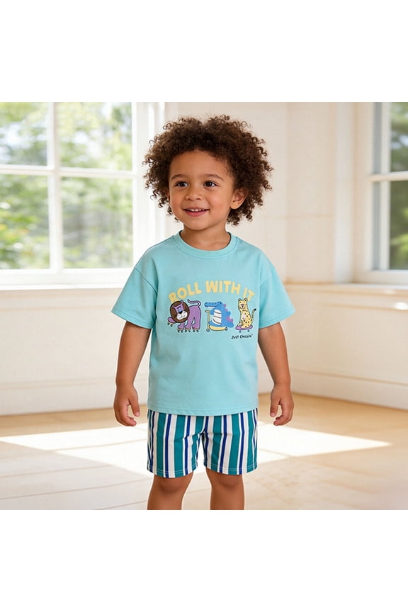 Kids Cartoon Tracksuit Crew Neck Short Sleeve Animated Striped Tee and Shorts Summer Active Sportswear Outfit Suit