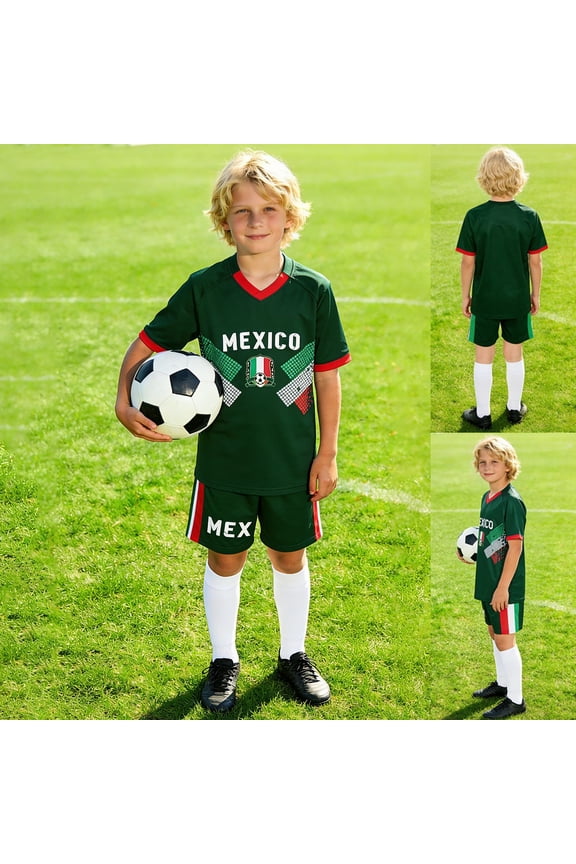 Kids Football Gear V-Neck Short Sleeve Mexico Graphic Printed Soccer and Shorts Team Competition Clothing Set