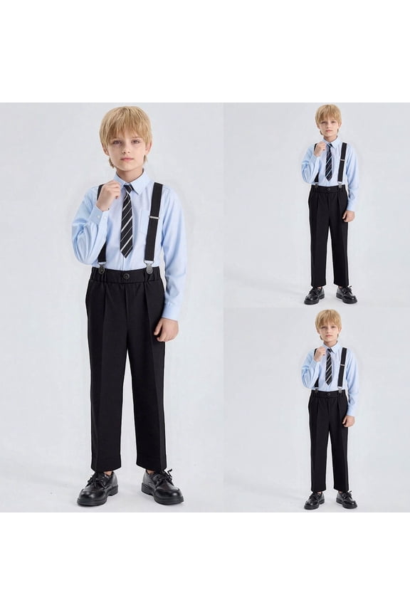 Kids Formal Performance Collared Short Sleeve Necktie Shirt and Long Pants Suspender Wedding Flower Boy Suit