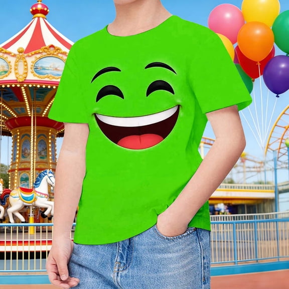 Trendfront Kids Happy Crewneck Tee Summer Short Sleeve Silly Emoji T-Shirt Casual Whimsical Graphic Style Everyday Blouse Wear