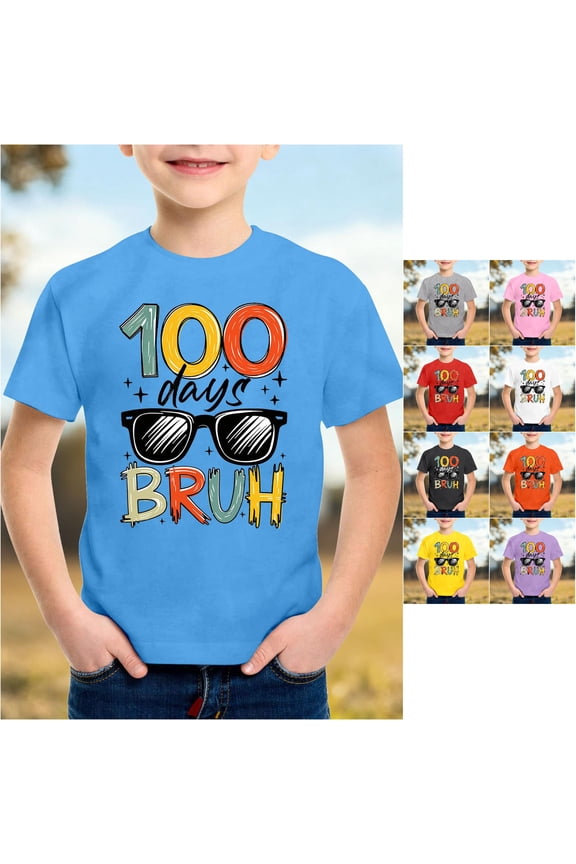 Kids Loose Fit Tops 100 Days of School Cartoon Patterned Crewneck Short Sleeve Back To School Casual Shirts