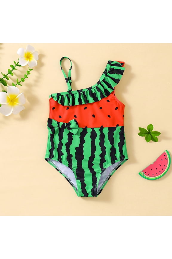 Kids Ruffle Flounce Off Shoulder One-Piece Swimsuit Watermelon Printed One Shoulder Bathing Suit Beachwear