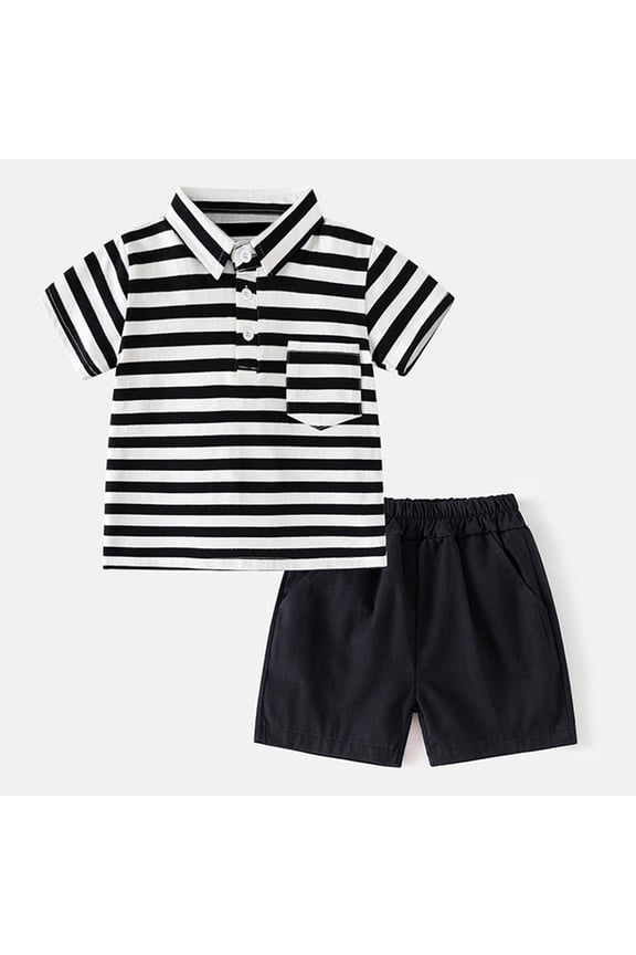 Kids Striped Gentleman Attire Collared Short Sleeve Classic Lines Polo Shirt and Shorts Smart Casual Outfits Suit