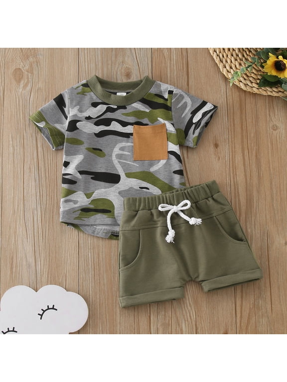 Little Boys Camo Outfits Crew Neck Short Sleeve Pattern Pocket Shirt and Casual Shorts Running Tracksuit 2 Piece Set