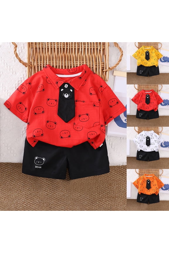 Little Boys Cartoon Collared Short Sleeve Necktie Printed Shirt and Shorts Smart Gentleman 2-Piece Outfit Suit