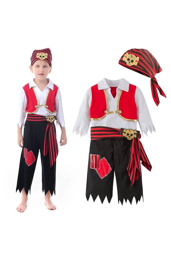 Little Boys Pirate Collared 3/4 Sleeve Captain Shirt and Pants Halloween Party Performance Suit