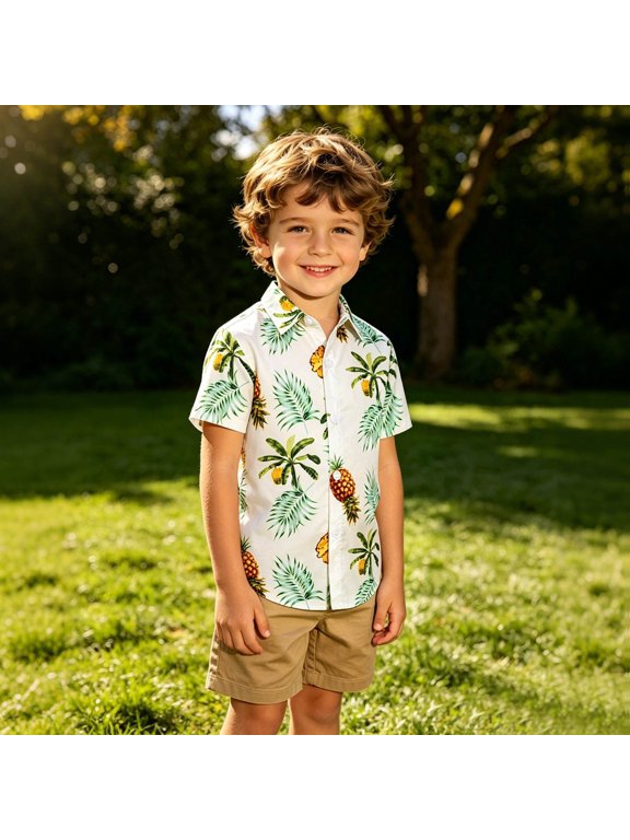 Little Boys Tropical Palm Tree Tee Hawaiian Pineapple Print Short Sleeve Button Up T Shirts Summer Vacation Collared Tops