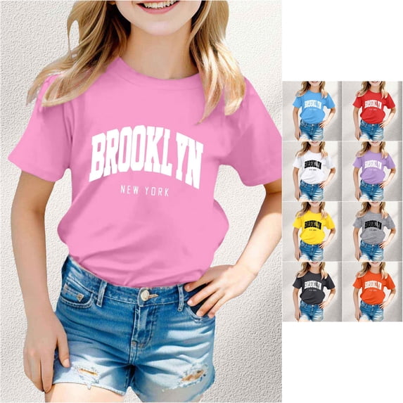Trendfront Little Girls Casual T-Shirt Brooklyn NY NYC City Typography Letter Print Fashion Loose Fit Crewneck Short Sleeve Tops Pullover Streetwear Clothes Tee