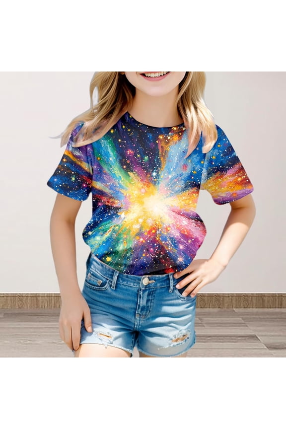 Little Girls Cosmic Tops Vibrant 3D Gradient Tie Dye Starry Sky Deep Space Print Casual Crewneck Short Sleeve Tee Summer Clothing Pullover T-Shirt