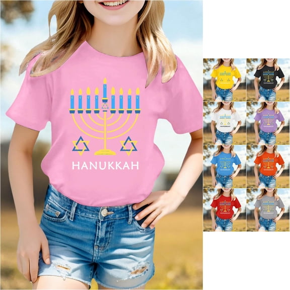 Trendfront Little Girls Hanukkah Holiday T-Shirt Traditional Hebrew Lettering Symbol Graphic Print Casual Crewneck Short Sleeve Tops Festival Dinner Apparel Tee