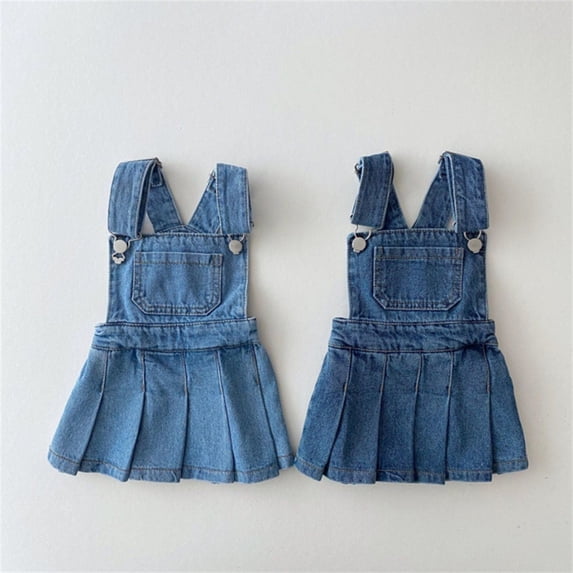 Trendfront Little Girls Overalls Skirt Mini Sleeveless High Waist Toddler Pocket Front Pleated Denim Skirt Casual Daily Wear