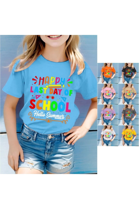 Little Girls School Tee Last Day of School Alphabet Typography Print Casual Crewneck Short Sleeve Tops Elementary Grade Graduation Photo Prop Keepsake Pullover Outfits T-Shirt