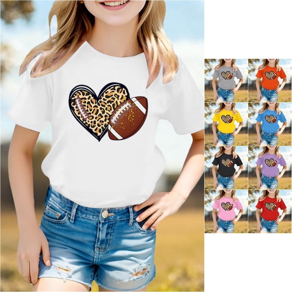 Trendfront Little Girls Sporty Tops Leopard Cheetah Heart Rugby Football Vintage Print Casual Crewneck Short Sleeve T-Shirt Everyday Active Fitness Gear Tee
