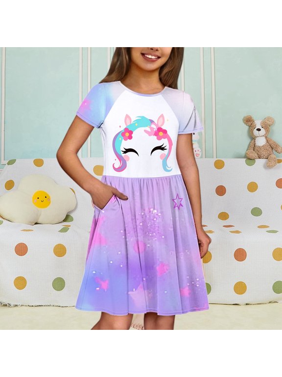 Little Kids A-Line Dress Mid-Length Short Sleeve Crew Neck Unicorn Graphic Nebula Starry Galaxy Sky Print Flared Skirt