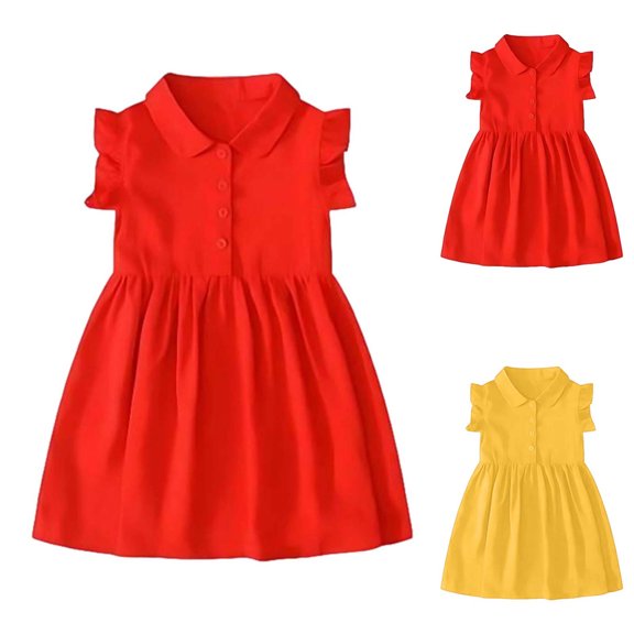 Trendfront Little Kids A Line Play Dress Mid Length Sleeveless Collared Solid Hue Ruffle Shoulder Button Details Daily Wear