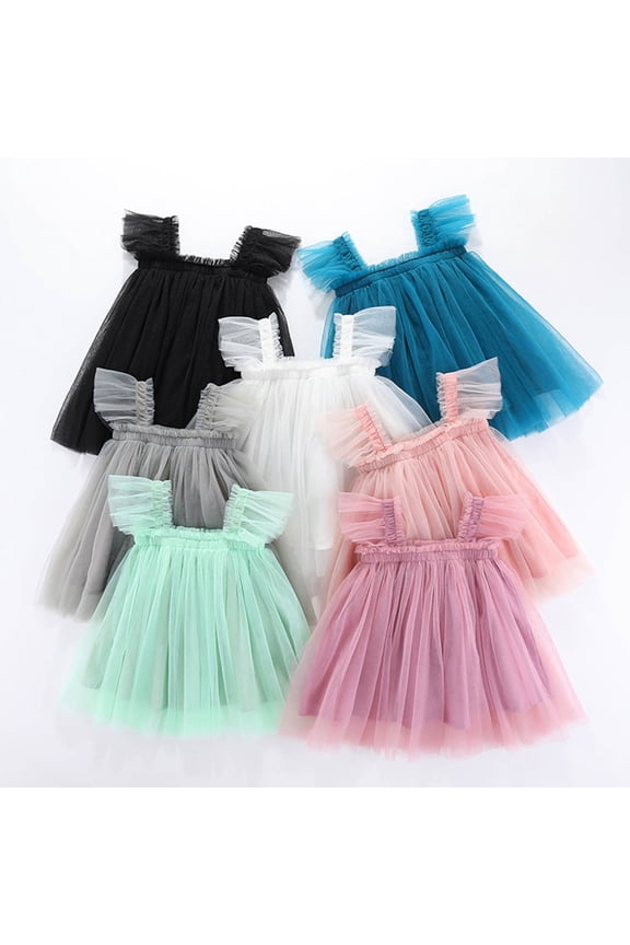 Little Kids A Line Play Dress Mid Length Sleeveless Square Neck Solid Pattern Mesh Ruffle Visual Detail Dance Performance
