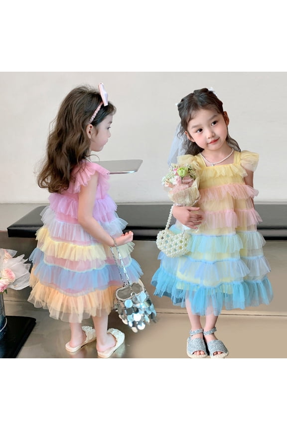 Little Kids A Line Tutu Dress Mid Length Short Sleeve Square Neck Tiered Ruffle Mesh Layered Flutter Accent Birthday Party Outfits