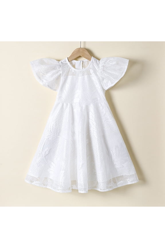 Little Kids Fit&Flare Party Dress Mid Length Short Sleeve Crew Neck Botanical Leaf Jacquard Pattern Flutter Accents Birthday Party