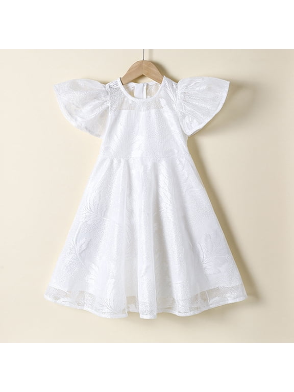Little Kids Fit&Flare Party Dress Mid Length Short Sleeve Crew Neck Botanical Leaf Jacquard Pattern Flutter Accents Birthday Party