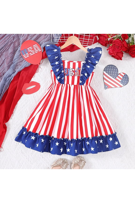 Little Kids Pinafore Sundress Mid Length Sleeveless Square Neck Star Stripe Pattern Ruffle Letter Print Holiday Outfits