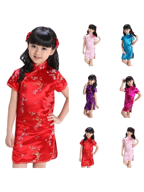 Little Kids Sheath Mid-Length Short Sleeve Collared Floral Satin Print Traditional Chinese Qipao Dress Oriental Style Holiday Party Wear