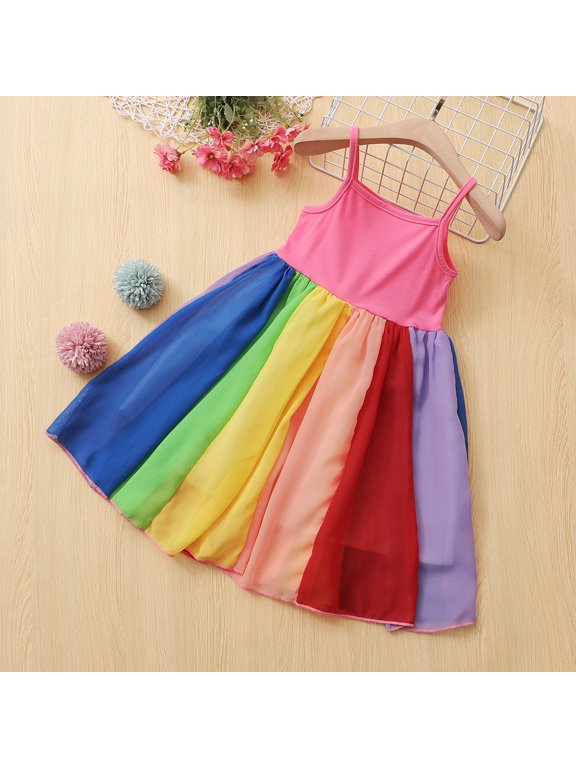 Little Kids Dress Sundress Mid Length Sleeveless Scoop Neck Rainbow Stripe Pattern Mesh Pleated Holiday Outfits