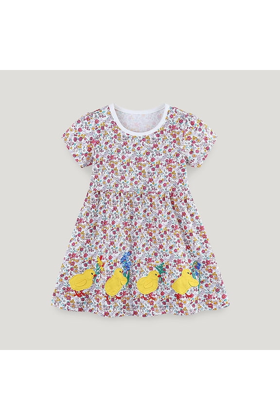 Little Kids Sundress Skater Dress Mid Length Short Sleeve Crewneck Pleated Waist Ditsy Floral Print Cartoon Chick Motif Daily Wear