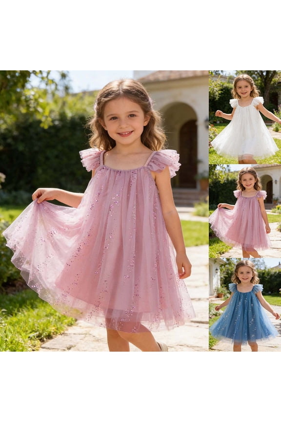 Little Kids Tutu Dress Mini Sleeveless Square Neck Shiny Sequin Mesh Ruffle Shoulder Birthday Party Dresses