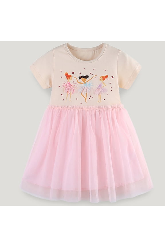 Little Kids Twofer Ball Gown Mid Length Short Sleeve Crewneck Mesh Tutu Skirt Cartoon Dancer Pattern Party Wear