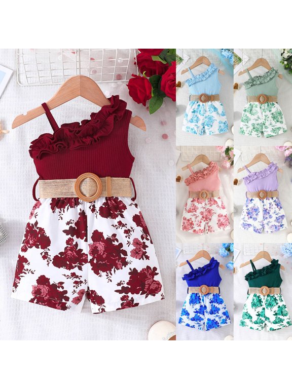 Little Kids Twofer Dress Mini Sleeveless One Shoulder Ruffle Floral Rose Print Belted Summer Beach Outfits