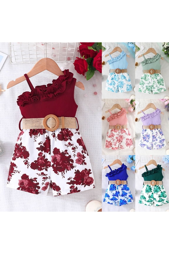 Little Kids Twofer Dress Mini Sleeveless One Shoulder Ruffle Trim Floral Rose Print Belted Summer Beach Outfits