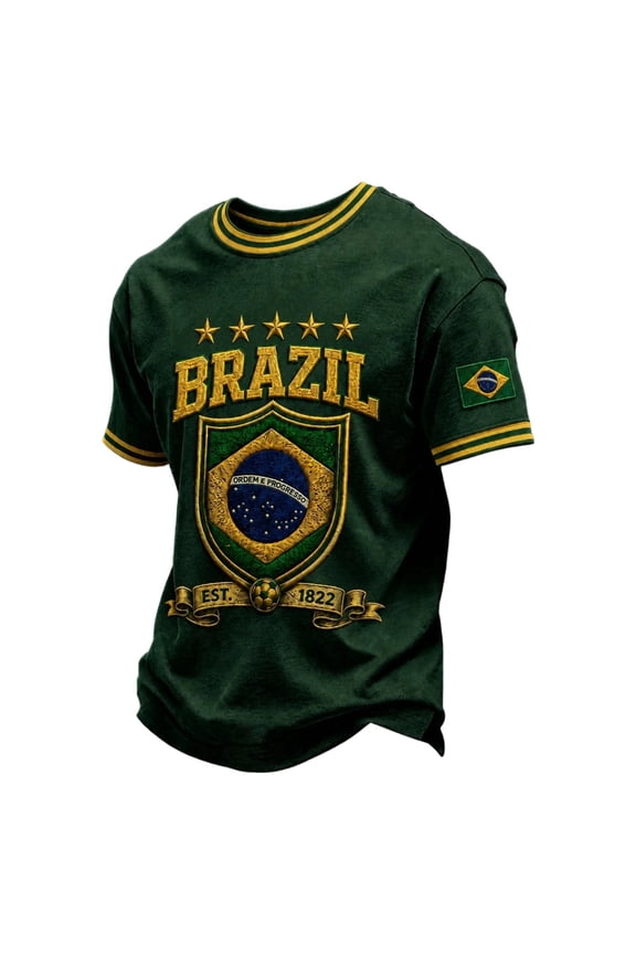 Men's Brazil Soccer T-Shirt Crewneck Short Sleeve Dark Green Retro Crest Graphic Tee Brazilian Flag Jersey Top Casual Game Day Fan Gear