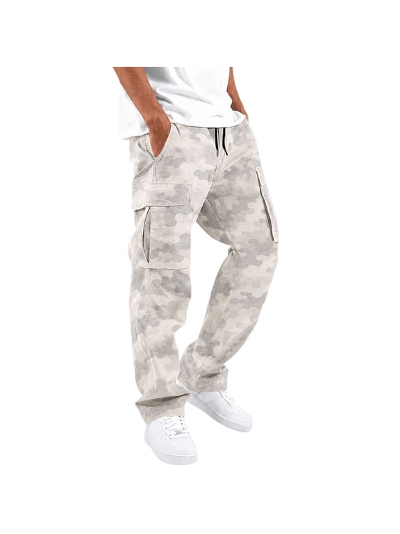 Mens Camo Pants Drawstring Waist Angled Side Pockets Cargo Trousers Full Length Straight Leg Relaxed Bottoms
