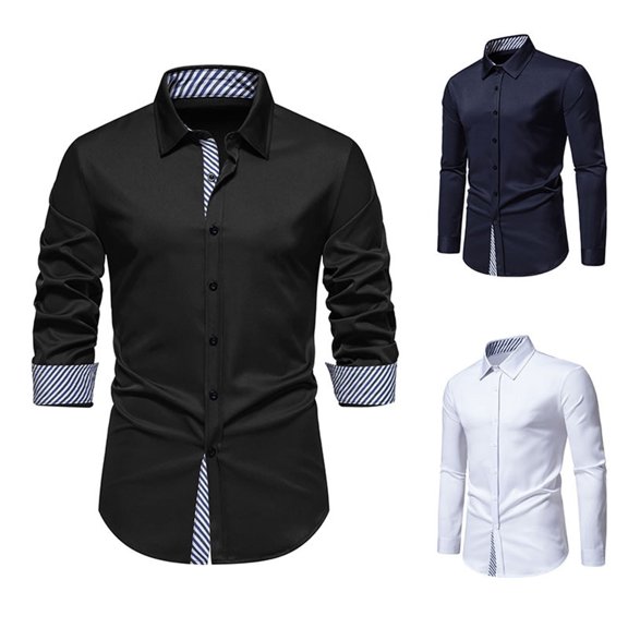 Trendfront Mens Casual Long Sleeve Shirts Collared Button Down Tees Solid Color Plain Simple Design Style Tops