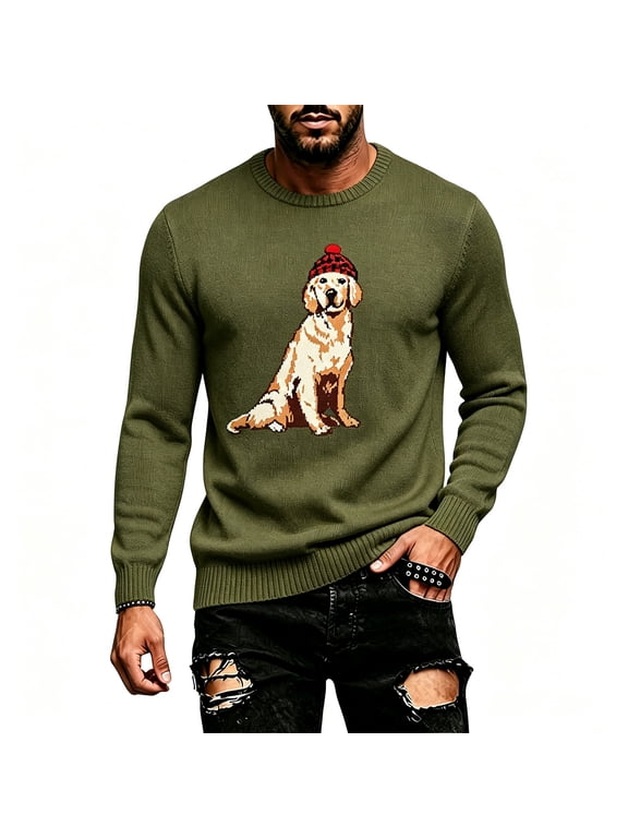 Mens Christmas Sweater Golden Retriever Santa Hat Graphic Crew Neck Long Sleeve Pullover Ribbed Relaxed Holiday Top