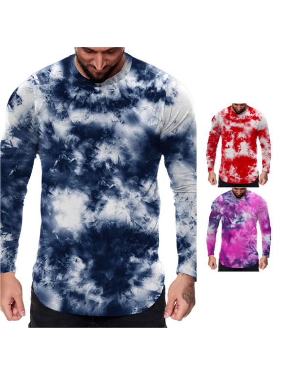Mens Cloud Tie Dye T Shirts Crewneck Long Sleeve Casual Fall Street Wash Effect And Curved Hem Tee Tops