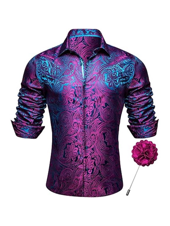 Mens Colorful Paisley Button Down Shirts Long Sleeve Collared Bold Ornate Pattern Dressy Party Statement Shirt Tops