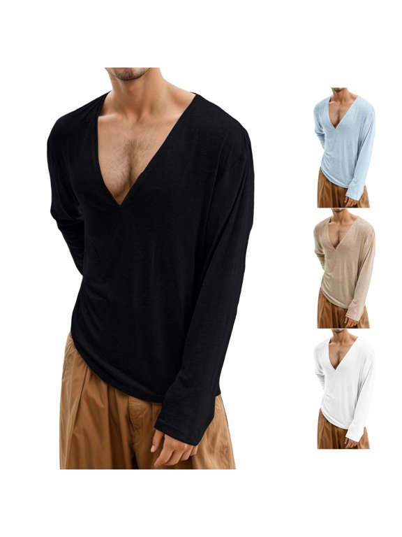 Mens Deep V Neck T Shirts Solid Color Wrap Look Front Slim Fit Long Sleeve Casual Fall Night Out Tee Tops