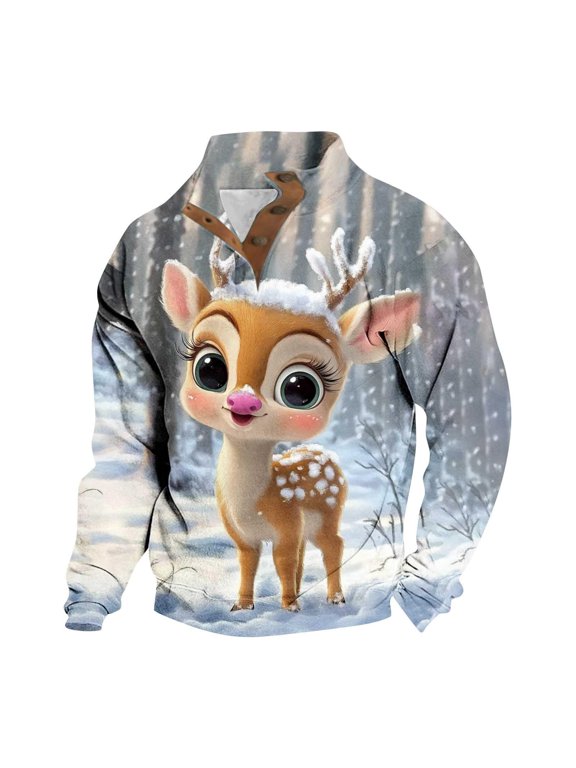 Mens Deer Sweatshirt Snowy Forest Graphic Snap Neck Long Sleeve Pullover Stand Collar Relaxed Fit Casual Top